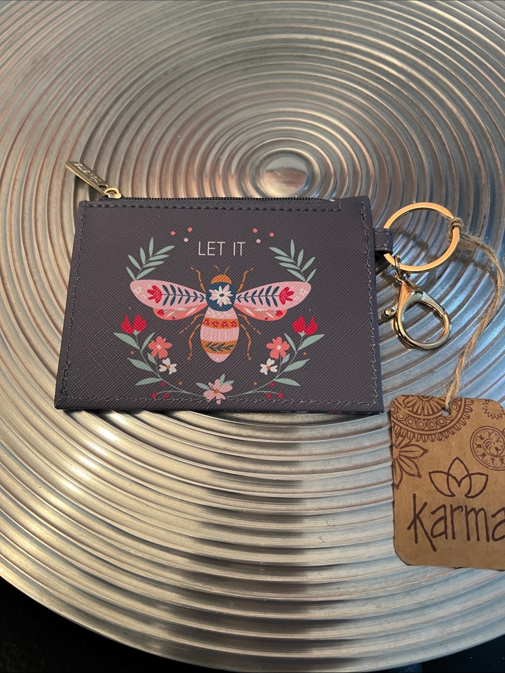 Let It Bee Floral Zip Card and ID Wallet with Gold Keyring